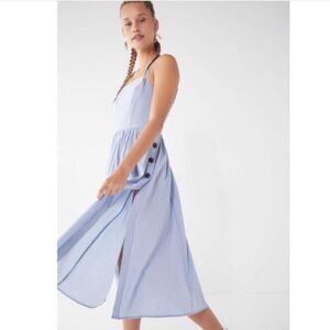 ✨ Urban Outfitters Kaye Striped Square Neck Side Button Midi Dress Small Blue